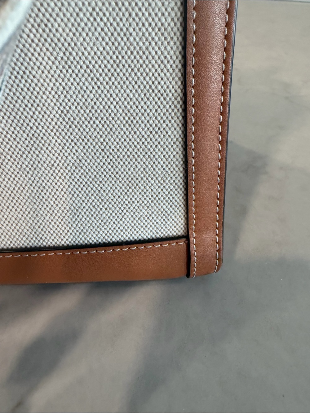 Tory Burch Neutral Canvas Tote with Tan Leather Trim and Striped Strap - Picture 10 of 16